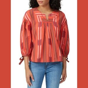 Madewell Womens Medium Red Striped Ikat Split Neck Tie Sleeve Cotton Blouse Boho